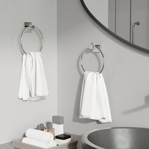 RUACQ Towel Ring, Hand Towel Holder for Bathroom Wall, Chrome, 2 Pack | Wall Mounted Hand Towel Bar, 304 Stainless Steel Towel Hanger, Square Base, Round Towel Holder Design, Modern, Heavy Duty - color: Chrome, size: 2