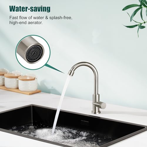 Heyalan SUS304 Cold Water Bar Sink Faucet, Single Handle, Brushed Nickel | SUS304 stainless steel, high-arc gooseneck, single-hole deck mount, 24-inch supply hose, 2.5-inch shank, 1.8 GPM - color: Brushed Nickel