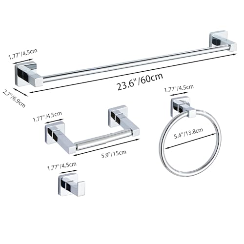 Chrome Bathroom Hardware Set 4 Pieces,Bathroom Accessories Set Stainless Steel Wall Mounted, Hand Towel Bar, Towel Ring, Robe Towel Hooks,Toilet Paper Holder,Towel Bar Set, 23.6 Inch - color: Chrome, size: 23.6Inch