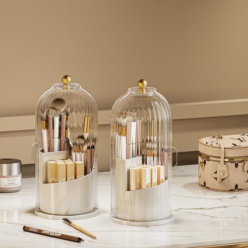 Dustproof Toothbrush Holder with Lid, 360 Rotating Countertop Electric Toothbrush Toothpaste Holders with Cover for Bathroom, 3 Slots Makeup Brush Holder with Lid for Vanity, White-Clear - color: White with Clear Lid