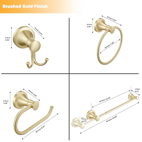 Hoimpro Brushed Gold 4-Piece Bathroom Bath Set, Wall Mount Bathroom Hardware Fixture (Adjustable Towel Bar Rack, Towel Ring Holder, Paper Towel Holder, Double Towel Hook), Bathroom Accessories - color: Brushed Gold