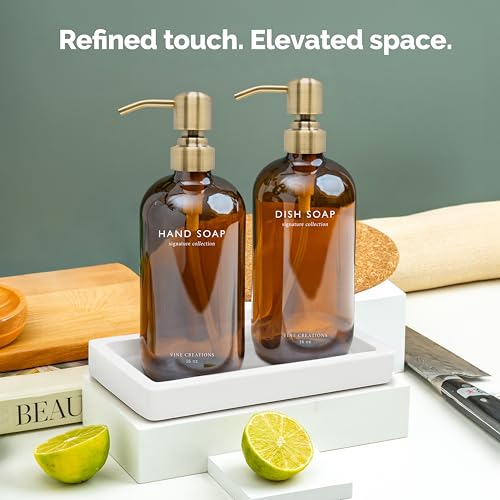 Vine Creations Amber Glass Soap Dispenser Set, Kitchen Soap Dispenser Set with Ceramic Tray, 16 oz Dish Soap and Hand Soap Dispensers with Stainless Steel Pump Decor (Amber Bottle/Brushed Brass) - color: Amber Bottle / Brushed Brass Pump