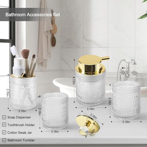 DASITON Bathroom Accessories Set,4Pcs Glass Bathroom Counter Set with Foaming Soap Dispenser,Toothbrush Holder,Bathroom Tumbler,Cotton Swab Jars, for Vanity Bathroom Decor(Clear A) - style: Clear A
