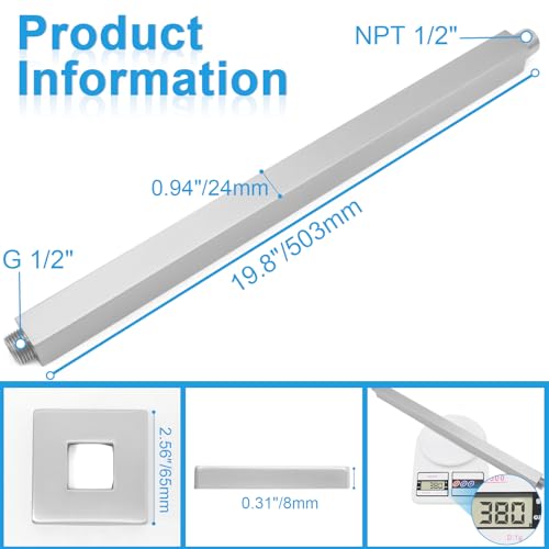 Ceiling Mount Shower Arm with Flange 20 Inches Square Straight Extender Extension Pipe Replacement, Long Shower Arm For Fixed Rain Shower Head or High Ceiling,Brushed Nickel - color: Brushed Nickel, style: 20inch