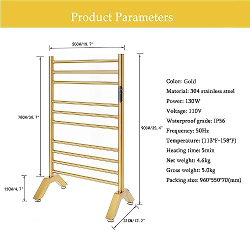 Electric Towel Warmer Gold,Heated Towel Rack Free Standing & Wall Mounted Towel Racks for Bathroom 304 Stainless Steel Radiator 10 Bars Bath Towel Heater with Built-in Timer,Plug-in - color: Gold