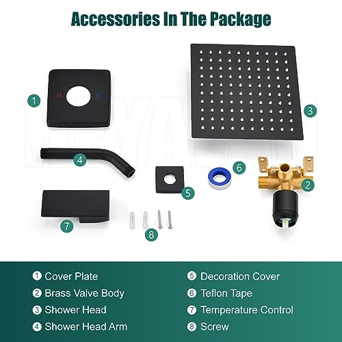Heyalan 8-Inch Square Rain Shower Faucet Set with Valve, Matte Black | SUS304 stainless steel shower head, male NPT 1/2-inch valve, single-handle control, adjustable angle, 1.8 GPM - color: Black
