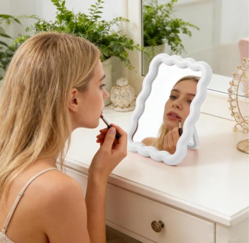 1Pcs Wavy Frame Desk Mirror Glossy Freestanding Mount Vanity Mirror White | Wavy Border Single Sided Makeup Mirror With Back Stand, Dual Use Tabletop Wall Mirror For Dorm Bedroom Daily Cosmetic Use