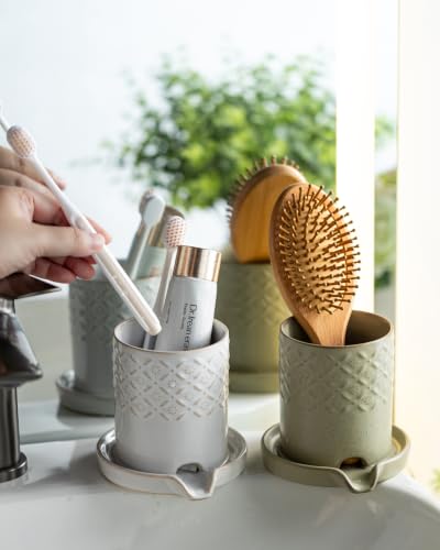 Zoeeker Toothbrush Holders for Bathrooms, Ceramic Toothbrush Holder Set | Self-draining Toothbrush & Toothpaste Holder Shower Tooth Brush Cup with Drainage Brush Holder Pen Holder for Family, White - color: B-white