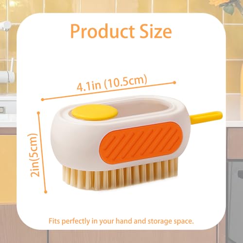 All-in-One Refillable Scrub Brush with Built-in Tank, Press to Dispense Solution for Multi-Surface Cleaning: Clothes, Shoes, Wheels, Kitchen, Bathroom. Hangable, Large Capacity, Dense PET Bristles