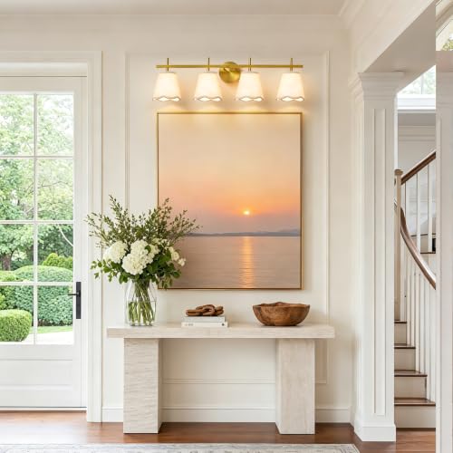 Modern Bathroom Vanity Light, 4-Light Brushed Gold Bathroom Light Fixtures with Scalloped Linen Fabric Shade, Vanity Lighting Fixtures Over Mirror (Exclude Bulb) - color: Gold, size: 4 Light