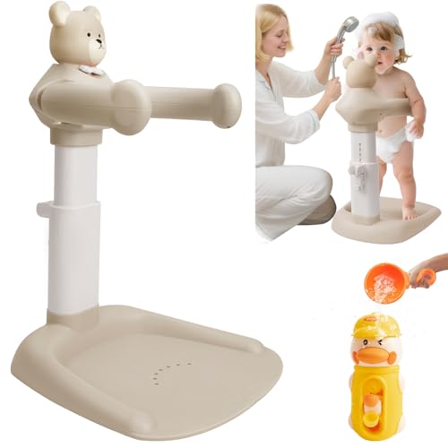 2-in-1 Adjustable Baby Shower Support Set Bear Design with Little Toy Duck | Bathroom Safety Standing Infant Shower Chair & Bather Station | Portable Non-Slip Bathing Stand for 6-48 Months - color: Caramel