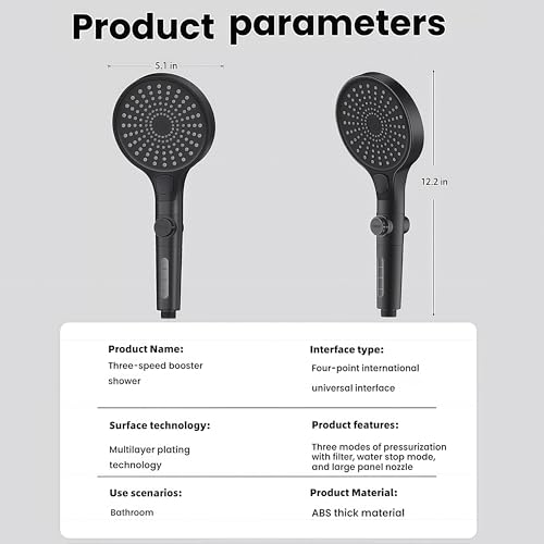 Filtered Handheld Shower Head with Hose and Holder, 5.1" Large High Pressure Shower Wand with 2 Extra Filters, Reinforced Matte Black Showerhead Set for Hard Water, 3 Spray Modes & One-Key Pause