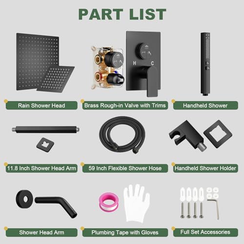 Matte Black Shower Faucet Set, Home Shower System with 3-Setting Push Button Diverter, 12" Ceiling Rain Shower Head & 6" Wall Mount Shower Head, 2-in-1 Handheld, Shower Valve Trim Kit - color: Matte Black
