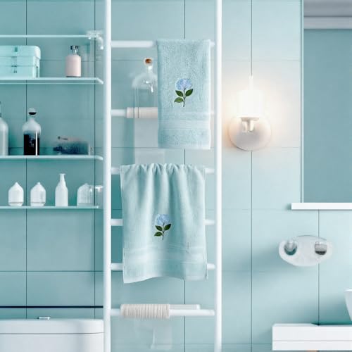 SmoothNovelty 2 Pcs Hydrangea Flower Hand Towels Dusty Blue Bathroom Decor 14x29 Inch Embroidered 100% Cotton Soft Absorbent Spring Summer Decorative Hand Towels for Bathroom Kitchen - style: Hydrangea Flower