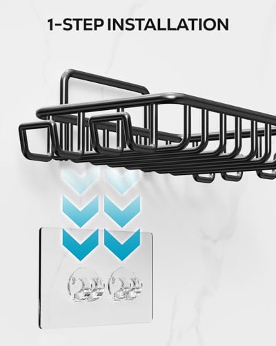 Nieifi Soap Dish Holder with 4 Hooks Stainless Steel Black Adhesive for Shower, Bathroom - color: Black, size: 1 Pack