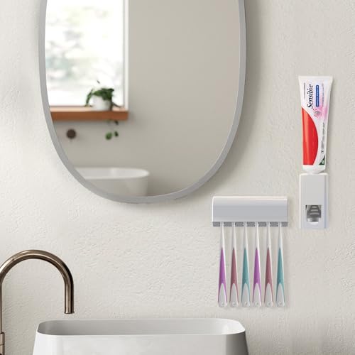 Linkidea Wall Mount Toothbrush Holder and Toothpaste Dispenser, Plastic Self Adhesive 6 Slots Tooth Brush with Cover for Bathroom, Compatible with Oral-B CrossAction, Colgate Extra Clean