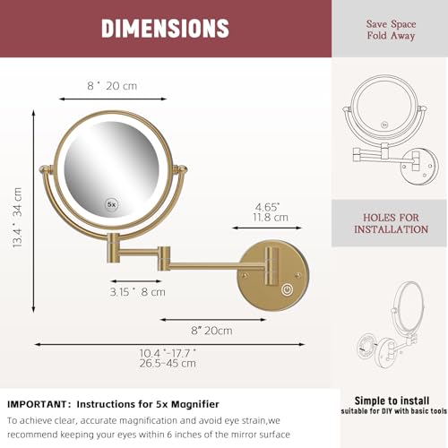 8" Rechargeable Brass 1X/5X Makeup Magnifying Mirror Wall Mount with Light, Upgraded 3-Colors Bright LED Touch Dimmable Extended Arm 360 Rotation for Bathroom, Brushed Modern Brass - color: Brushed Moderne Brass