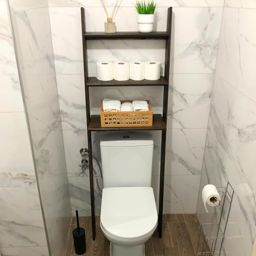 Over The Toilet Birch Wood Bathroom Organizer Shelves, 3-Tier Freestanding Above Toilet Storage Ladder Shelf, Standing Space Saver Behind Toilet Small Bathroom Organizer (Walnut) - color: Walnut