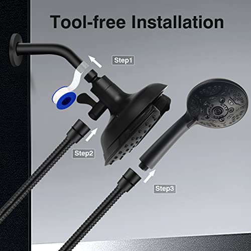 2 in 1 Shower Head with Handheld Combo High Pressure Black 2.5 GPM | 7.2" Rain Showerhead and 10 Spray Hand Held Shower, Adjustable Shower Angle, 59-inch Rotatable Stainless Steel Hose - color: Black, size: 2.5 GPM