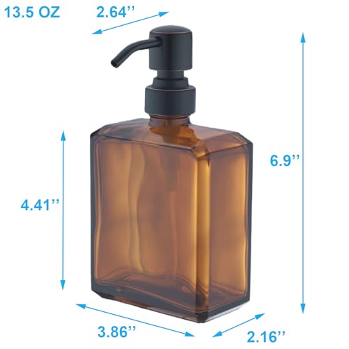 Amber Soap Dispenser Square Bottle and Oil Rubbed Bronze Pump, Glass Dish Soap Dispenser with Stainless Steel Pump, 13.5 oz Lotion Dispenser for Bathroom, Kitchen Countertop - color: Amber Bottle With Oil Rubbed Bronze Pump, size: 13.5oz-Square