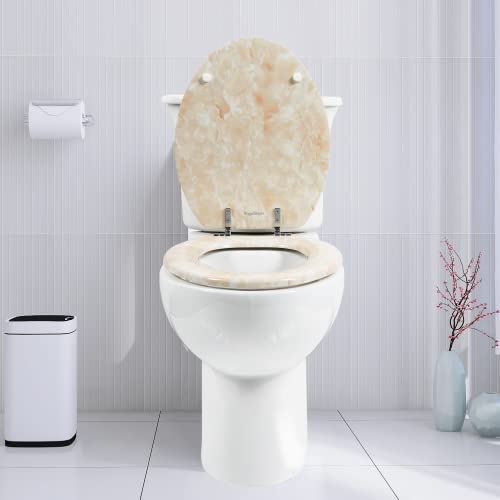 Elongated Toilet Seat Natural Wood Toilet Seat with Zinc Alloy Hinges, Easy to Install also Easy to Clean, Anti-pinch Marble Toilet Seat by Angol Shiold (Elongated, Beige Pink) - color: Beige Pink, size: Elongated-18.5”
