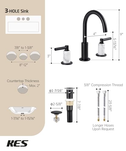 KES Natural Italian Carrara Marble Matte Black Bathroom Faucet 3 Hole with All Metal Pop Up Sink Drain, 8 Inch Widespread Bathroom Sink Faucet for Vanity, 360° Swivel Spout, 18/8 Stainless Steel - color: Matte Black