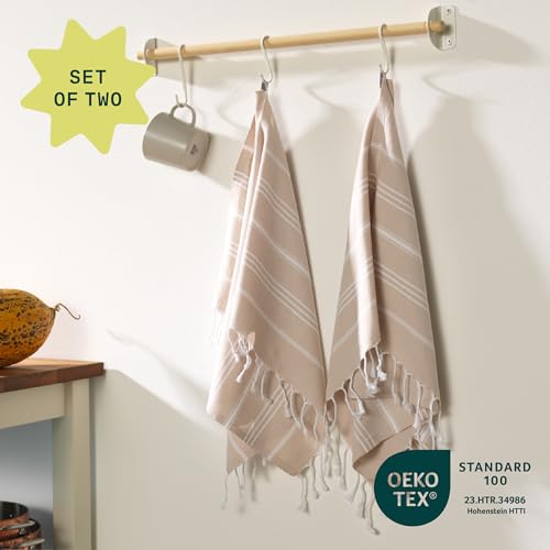 WETCAT Turkish Hand Towels with Hanging Loop, Set of 2 (20" x 30") 100% Turkish Cotton, Pre-Washed, Quick Drying, for Kitchen or Bathroom - Beige - color: Beige