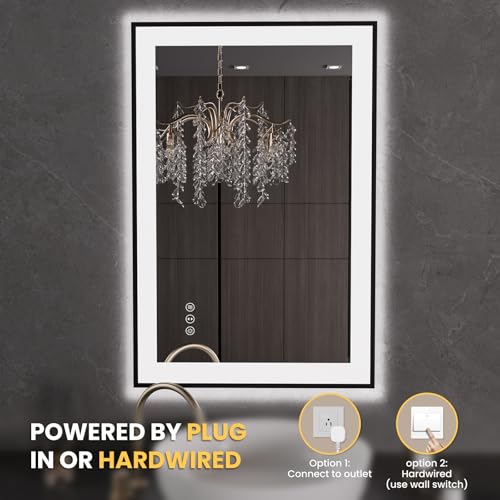 LOAAO 24"X36" LED Bathroom Mirror Black Framed | Anti-Fog, Dimmable, Memory Function, Tempered Glass, Lighted Vanity Mirror for Wall - size: 24"L x 36"W
