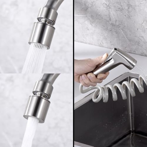 Wall Mount Kitchen Faucet with Side Sprayer, Mixer Tap, 360�� Swivel Spout | 304 Stainless Steel Constructed, Brushed Nickle, Rotatable, 8"" Center - color: Style E