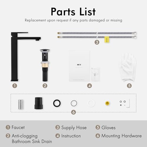 KES Vessel Sink Faucet, Black Bathroom Faucets, Tall Bathroom Faucets with Sink Drain with Overflow, L3156BLFF12-BK-C1 - color: Black, style: w/ Drain (WITH Overflow) - TALL Faucet