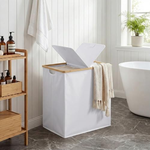 efluky Laundry Hamper with Lid, Double Laundry Basket with 2 Removable Bags, 2 Section Laundry Bin with Bamboo Handles for Bathroom, Bedroom & Laundry Room, 140L (36.9 Gallon) White - color: White, size: 140L Dual