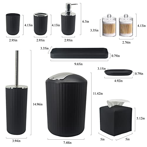 Bathroom Accessory Set, 10 Piece Black Bathroom Set Complete | Includes Trash Can, Soap Dispenser, Toothbrush Holder, Soap Holder, Tumbler, Toilet Brush, Tray, Qtip Holders, Tissue Cover - color: Black