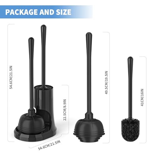 Toilet Plunger and Brush, Bowl Brush and Heavy Duty Toilet Plunger Set with Holder, 2-in-1 Bathroom Cleaning Combo with Modern Caddy Stand for for 5.7-inch Toilet Drain Bathroom Cleaning - color: Black