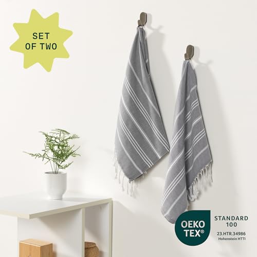 WETCAT Turkish Hand Towels with Hanging Loop, Set of 2 (20" x 30") 100% Turkish Cotton, Pre-Washed, Quick Drying, for Kitchen or Bathroom - Dark Gray - color: Dark Gray