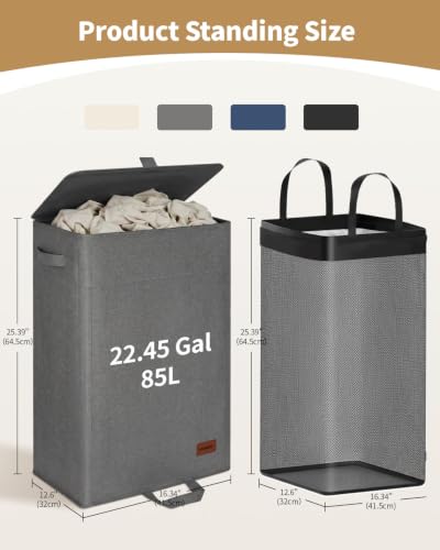 85L Laundry Hamper with Lid, Tall Dirty Clothes Hamper, Grey | Foot Loop & Removable Bag Easy to Lift and Carry, Tall & Collapsible Laundry Basket for Bathroom, Bedroom, Laundry Room, Dorm - color: Grey
