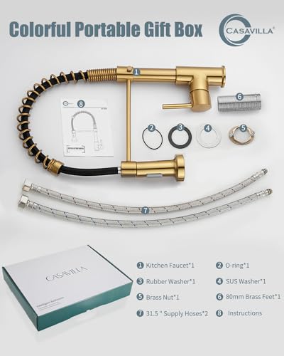 Kitchen Faucet, Brushed Gold Faucet for Kitchen Sink, Kitchen Sink Faucet with Pull Down Sprayer, Single Handle Stainless Steel Kitchen Faucets with Dual Function Spray Head - color: C-Brushed Gold, style: Classic