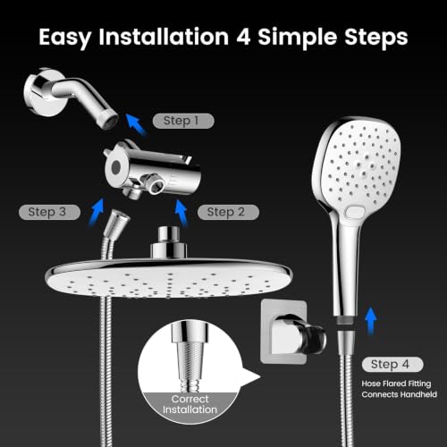 10" Rain Shower Head with Handheld Spray, Dual High Pressure Showerhead | Rainfall Shower Heads Combo with Multi Spray, Detachable Hand Showerhead Set with 71 Inch Shower Hose & Extra Holder - color: Chrome