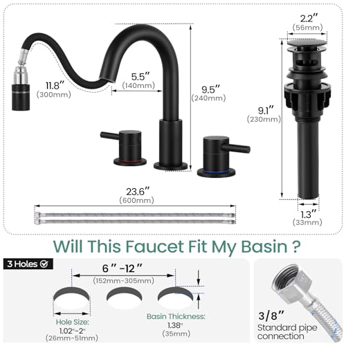 Bathroom Faucet 3 Hole with Pull Down Sprayer Matte Black, 2-Handle | Lead-free stainless steel, pop-up drain, 360°swivel, 8-inch widespread Faucet for RV/vanity sink, 3-hole mount - color: 2-Matte Black, style: 8 Inch Pull Down
