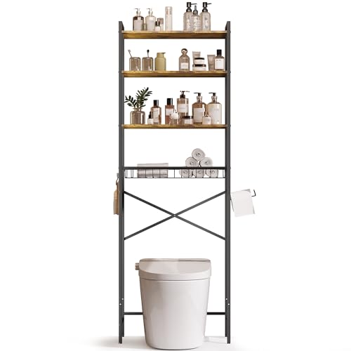 Gizoon Over-The-Toilet Storage Rack with Adjustable Shelf and Basket, 4-Tier Freestanding Space Saver Bathroom Shelves Above Toilet for Room - color: Black