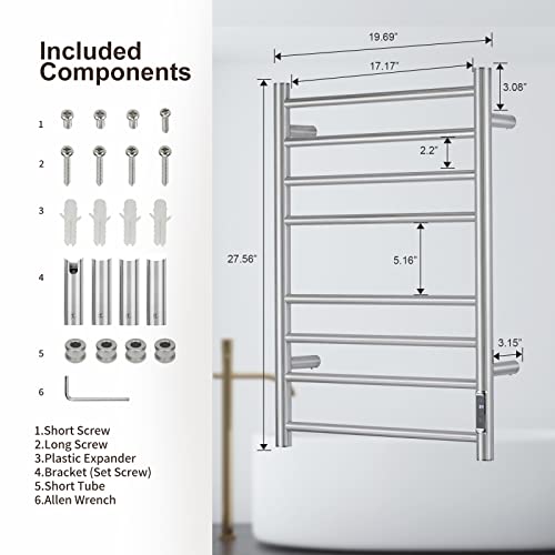 Towel Warmer with Built-in Timer ETW44-2S for Bathroom Wall Mounted Bath Towel Heater Plug-in Electric Heated Towel Rack Brushed