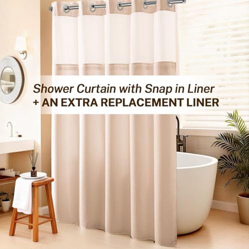 River Dream No Hooks Shower Curtain with 2 Snap in Liner, Pink, 71Wx74H | Waffle Weave, 1 Attached Snap in Liner and 1 Extra Replacement Liner, Bathroom Curtains Shower Set, Hotel Grade, Spa Like - color: Pink