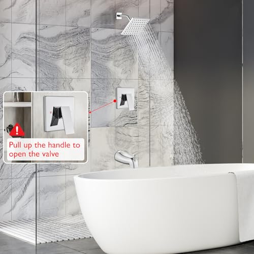 Heyalan 6-Inch Shower Faucet Set with Tub Spout and Valve,Polished Chrome | 6-inch square rainfall head, tub spout with diverter, male-thread rough-in valve, single-handle control and wall-mount design - color: Polished Chrome, size: 6 Inch Square Shower