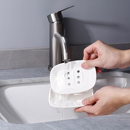 ANTIS'S HOME Ceramic Double Layer Self Draining White Soap Dish Bathroom Kitchen - color: White