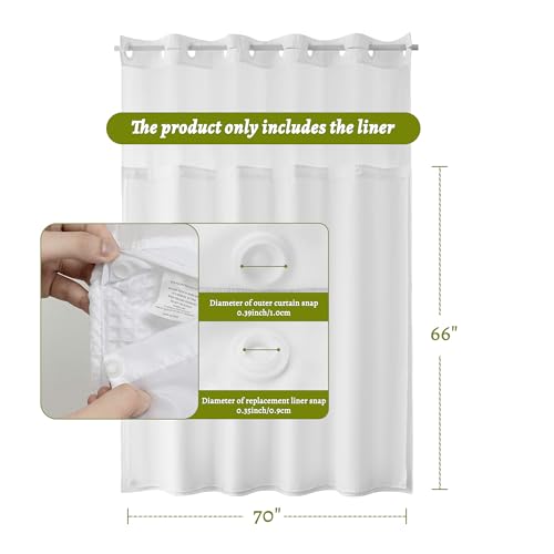 N&Y HOME Fabric Snap in Shower Curtain Liner Replacement White, 70x66 | for 71"x84" Extra Long Hotel Style Shower Curtain, With Magnets, Removable & Detachable, Washable, Water Repellent - color: White, size: 70"W x 66"L (Pack of 1)