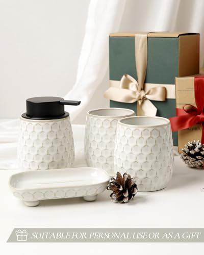 Bathroom Accessory Set 4PCS, Ceramic Bathroom Accessories Set, Foaming Soap Dispenser Set Complete, White Honeycomb Design, Home Apartment Modern Bath Decor Vanity Countertop, ANTIS'S HOME - size: Foam