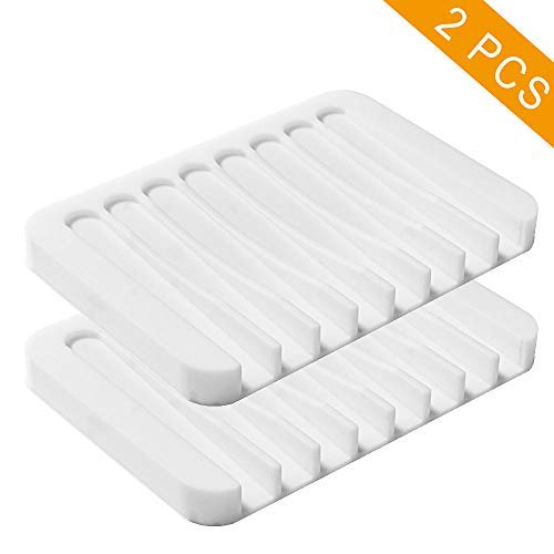 2PCS Soap Dish Holder, Premium Silicone Soap Dishes for Shower Bathroom Kitchen Sinks, Soap Tray Saver Drainer, Self-draining Waterfall, Non-Slip Design, Easy Cleaning (White) - color: White