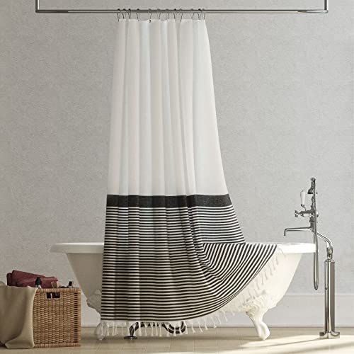 Extra Long Shower Curtains, 96 Inches Long Farmhouse Boho Striped Fabric Tassel Shower Curtains for Bathroom, Tall Bohemian Textured Cloth Shower Curtain Set with Hooks, Black, 72x96 - color: Black, size: 72"W x 96"L (Pack of 1)