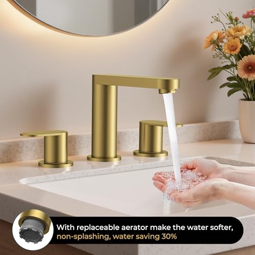 QFN Bathroom Faucet 3 Hole 8" Widespread Vanity Sink Faucet Brushed Gold | 304 Stainless Steel Bathroom Sink Faucet with Pop-up Drain, 6-12 Inch 3 Hole Install, for RV Laundry Farmhouse Restroom Sink - color: Brushed Gold, style: Round