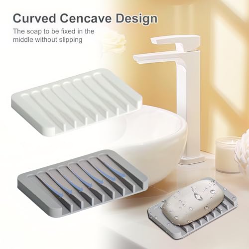 Bar Soap Holder, Silicone Soap Dish, Self-Draining Soap Dishes with, for Shower, Bathroom, Bath Tub, Sponges,Kitchen Soap Tray, Dry Clean,Easy Cleaning (2, Gray) - color: Gray