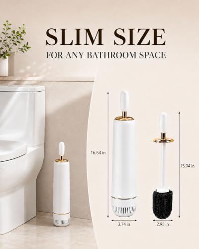 Toilet Brush Set, Dense Nylon Bristles, Wall Mount, Non-Scratch, White Gold | 16.5" Handle | Splash-Proof | Odor-Locking Lid | Ventilated Base | Hideaway Brush Head | Thick ABS | 2 Adhesive - color: White Gold